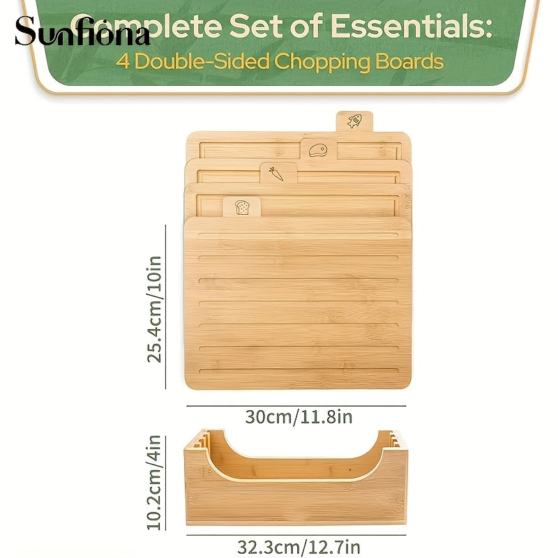 Sunfiona 4pcs Bamboo Chopping Board Collection with Storage Stand, Ideal Wooden Deli And Chopping Board, Kitchen Tools, Cutting Boards, Professional Equipment
