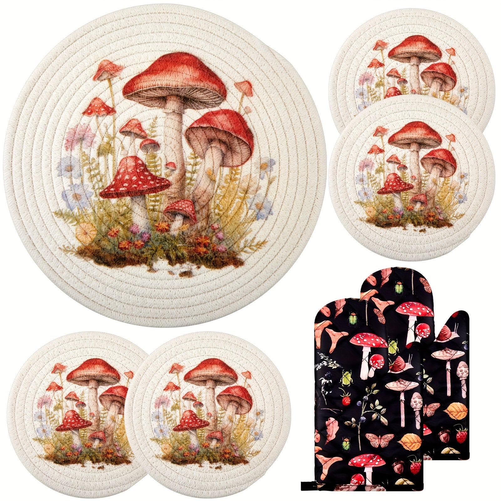 1 Set Mushroom Design Heat-Resistant Oven Mitts, Pot Holders & BBQ Gloves - Round Polyester Trivets with Cute Red & Spotted Mushroom Pattern, Non-Slip Kitchen Accessories for Baking, Grilling, Cooking, Baking, Dishwasher Safe (Hand Wash Only) - Idea