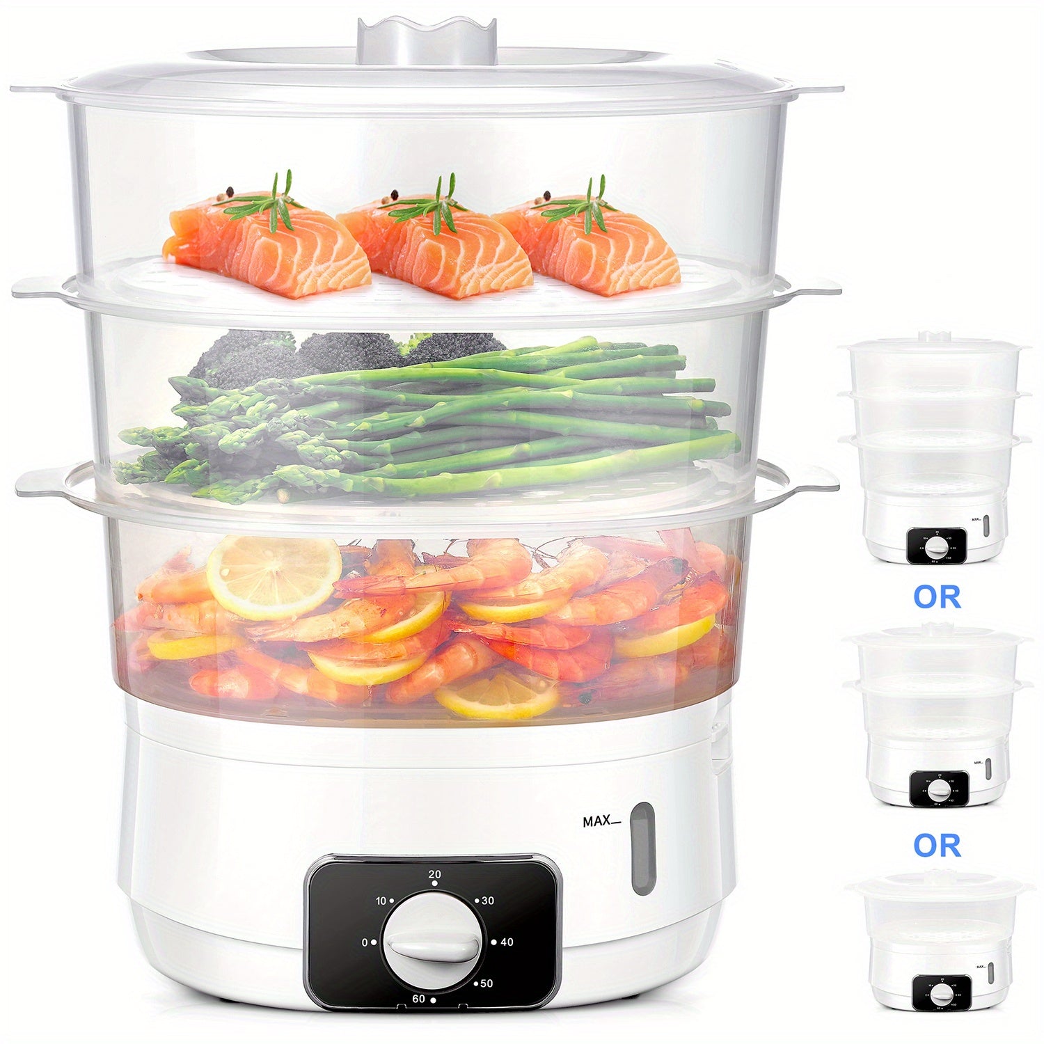 3-Tier Electric Food Steamer, 13.7QT Vegetable Steamer with 60-Minute Timer, BPA-Free Baskets, 800W for Fast Cooking Of Veggies, Seafood & Rice (White)