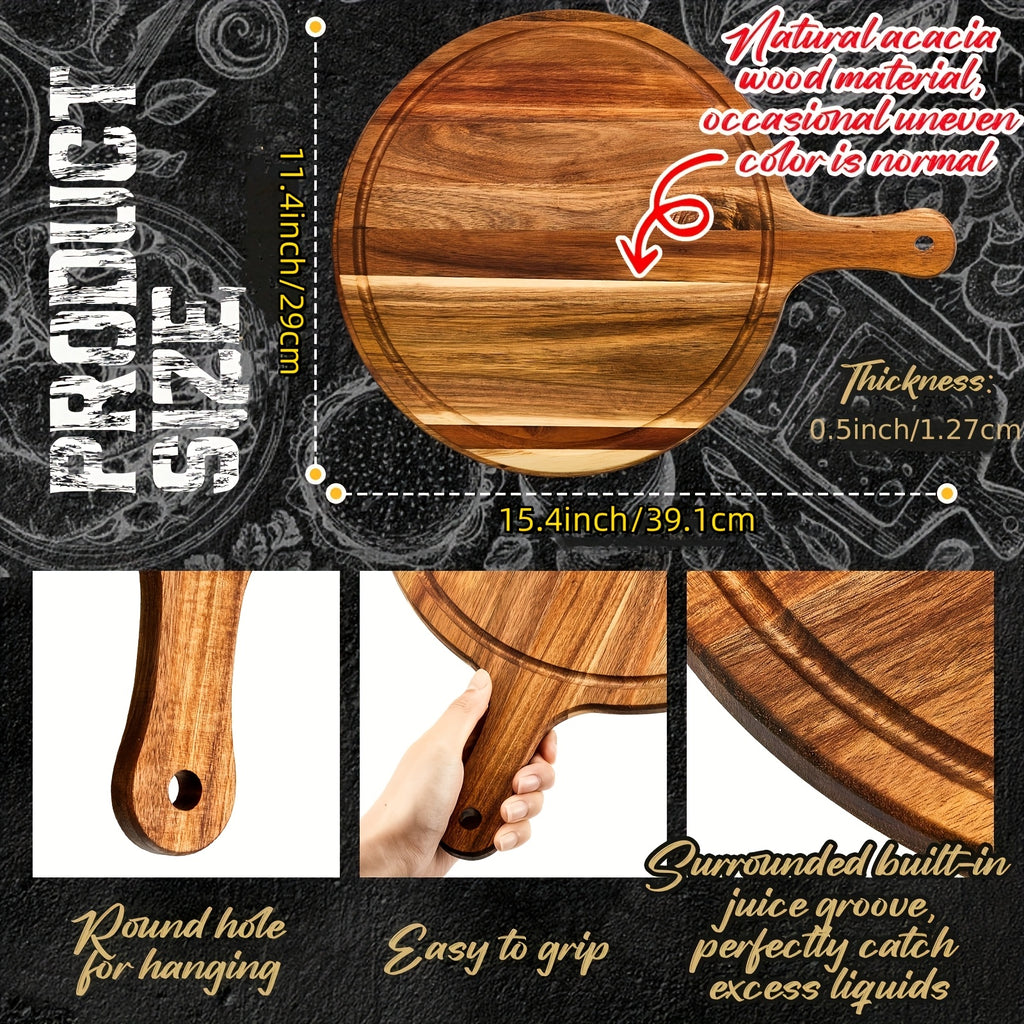 10pcs Round Wooden Cutting Boards with Handles, Wooden Serving Boards, Kitchen Chopping Boards for Pizza, Bread, Cheese, Cooked Food, Fruits, Vegetables