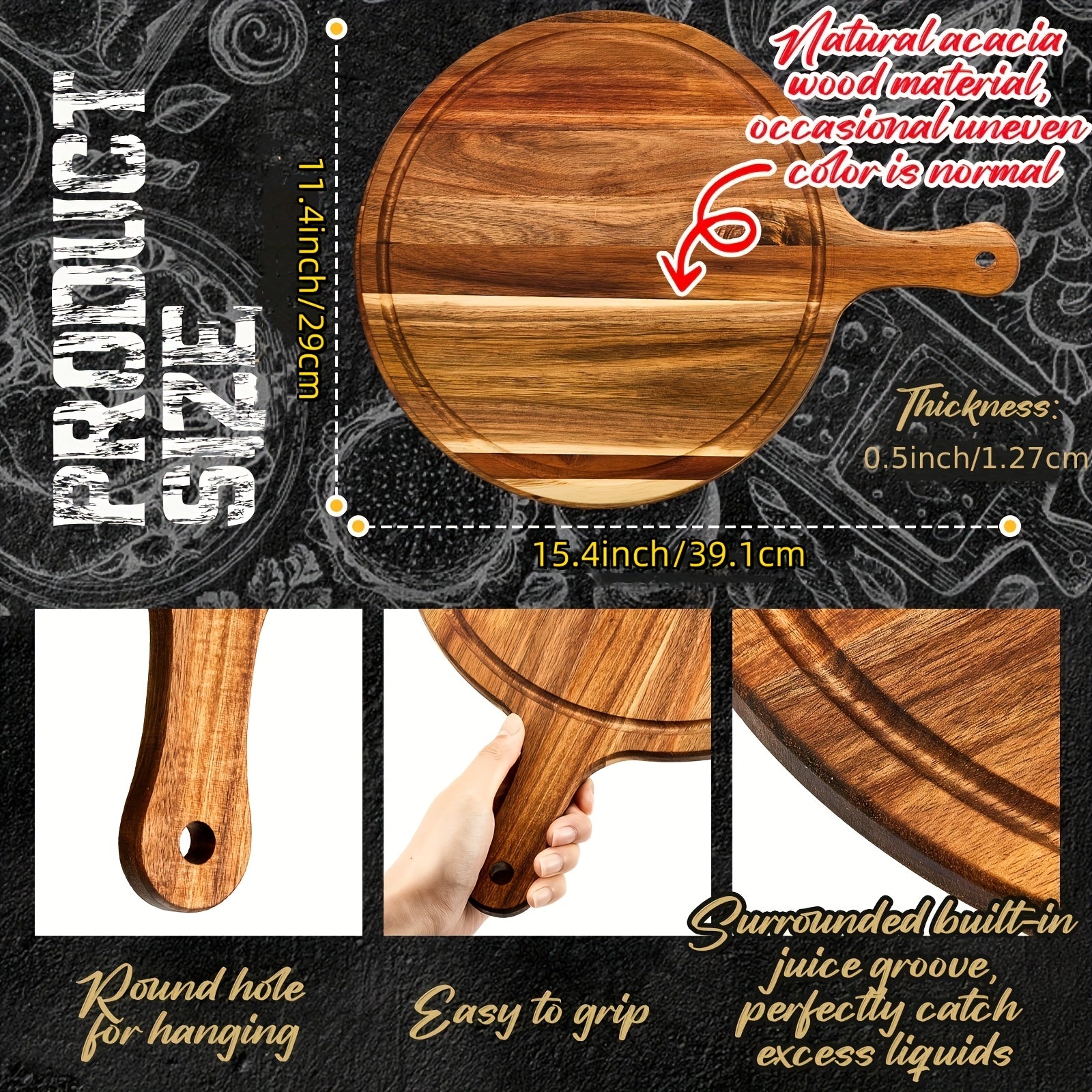 10pcs Round Wooden Cutting Boards with Handles, Wooden Serving Boards, Kitchen Chopping Boards for Pizza, Bread, Cheese, Cooked Food, Fruits, Vegetables