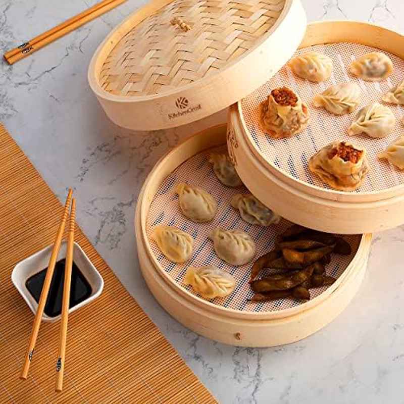 2-Tier Bamboo Steamer Basket with Reusable Liners - 10-Inch Large Capacity, Non-Stick Bamboo Steamer for Steaming Buns, Vegetables, Dumplings, Chopsticks - for Asian Cuisine, Home Kitchen & Restaurant Use - Easy-Clean Design
