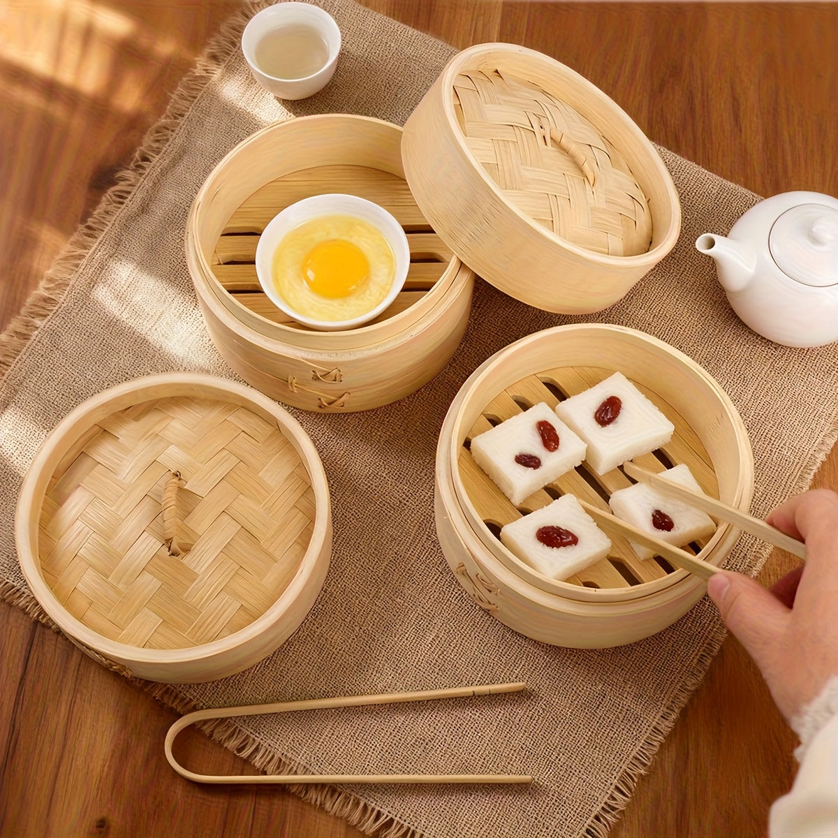 Bamboo Steamer Set for Dumplings, Pastries, Eggs, Vegetables, and Meat | Traditional Non-Electronic Steaming Basket for Diverse Foods