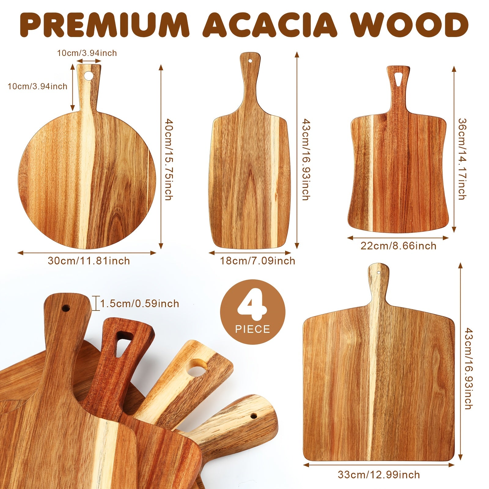 Set of 4 Thick Acacia Wood Cutting Boards with Handles | Assorted Sizes Large Charcuterie Boards, Butcher Block Serving Tray for Cheese, Meat, Pizza, Vegetables, Bread, Kitchen Dining Room - CHUMIA