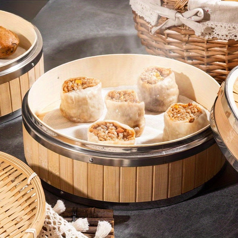 2pcs\u002F3pcs\u002F4pcs Handcrafted Bamboo Steamer with Stainless Steel Edges | Deep Steaming Rack Suitable for Baozi, Steamed Buns, Seafood, Vegetables - Ideal for Home, Restaurant, Outdoor Camping Use
