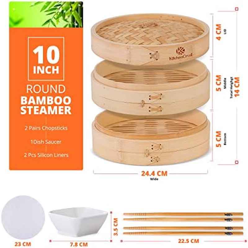 2-Tier Bamboo Steamer Basket with Reusable Liners - 10-Inch Large Capacity, Non-Stick Bamboo Steamer for Steaming Buns, Vegetables, Dumplings, Chopsticks - for Asian Cuisine, Home Kitchen & Restaurant Use - Easy-Clean Design