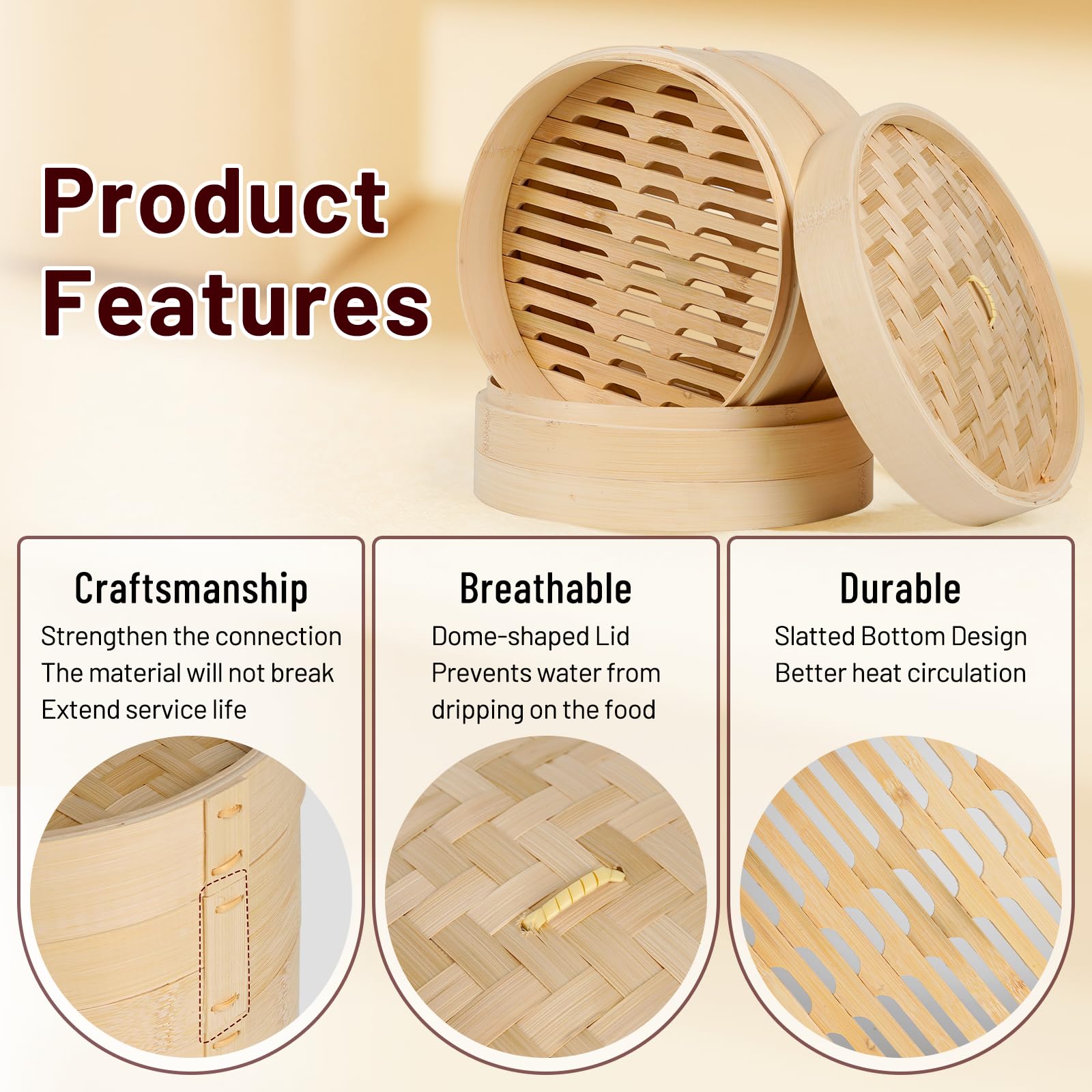 10 Inch 3 Tier Bamboo Steamer Basket with 50 Parchment Papers | Multi-ply Material, Ideal for Kitchen, Dumplings, Buns, Dim Sum