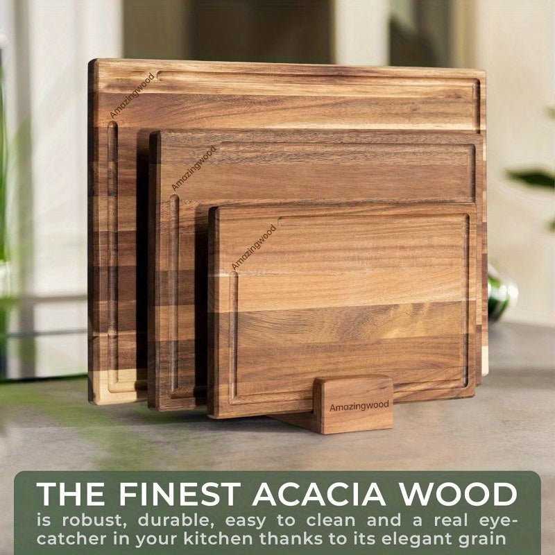 Gift for Mom Dad 3Pcs Out of Solid Acacia Wood Cutting Boards Set, Heavy Duty with Juice Grooves & Non Slip-For Meat, Veggies, Fruit, BBQ, Charcuterie | Dishwasher Safe? Hand Wash Only-Gift for Mom Dad, Housewarming, Wedding, Kitchen Essential