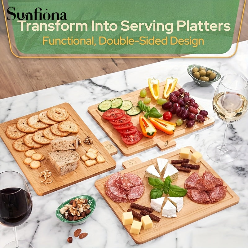 Sunfiona 4pcs Bamboo Chopping Board Collection with Storage Stand, Ideal Wooden Deli And Chopping Board, Kitchen Tools, Cutting Boards, Professional Equipment