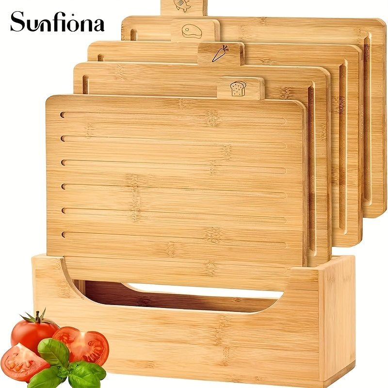 Sunfiona 4pcs Bamboo Chopping Board Collection with Storage Stand, Ideal Wooden Deli And Chopping Board, Kitchen Tools, Cutting Boards, Professional Equipment