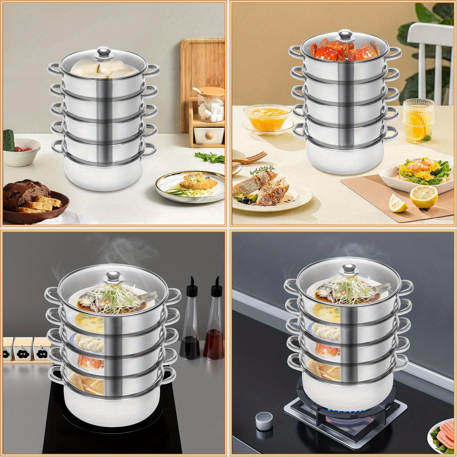 5-Tier 10.24inch Stainless Steel Steamer - Efficient Multi-Level Cooking for Home and Restaurant Use, steamer, easy to clean, suitable for steaming and cooking fish, shrimp, crab, rice, vegetables, steamed buns, soup, etc, on various stoves, such as