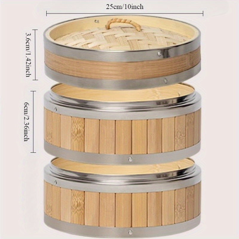2pcs\u002F3pcs\u002F4pcs Handcrafted Bamboo Steamer with Stainless Steel Edges | Deep Steaming Rack Suitable for Baozi, Steamed Buns, Seafood, Vegetables - Ideal for Home, Restaurant, Outdoor Camping Use