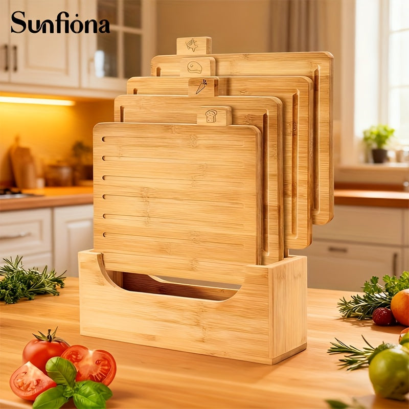 Sunfiona 4pcs Bamboo Chopping Board Collection with Storage Stand, Ideal Wooden Deli And Chopping Board, Kitchen Tools, Cutting Boards, Professional Equipment