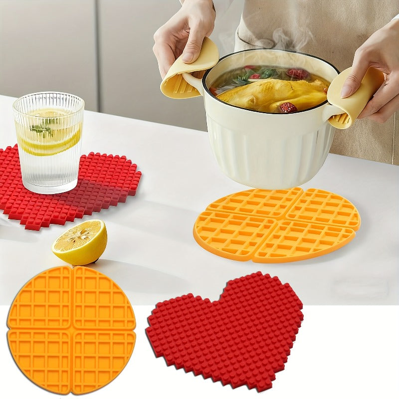 1pc Thickened Non-Slip Silicone Insulation Coaster & Pot Holder - Waffle & Heart Pattern Heatproof Pads, Square Kitchen Stove Burn for Hot Pots, Pans, Dishes ( for \u002F \u002F Metal)