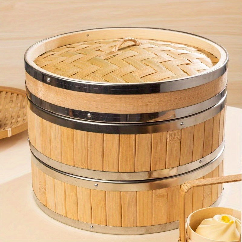 2pcs\u002F3pcs\u002F4pcs Handcrafted Bamboo Steamer with Stainless Steel Edges | Deep Steaming Rack Suitable for Baozi, Steamed Buns, Seafood, Vegetables - Ideal for Home, Restaurant, Outdoor Camping Use