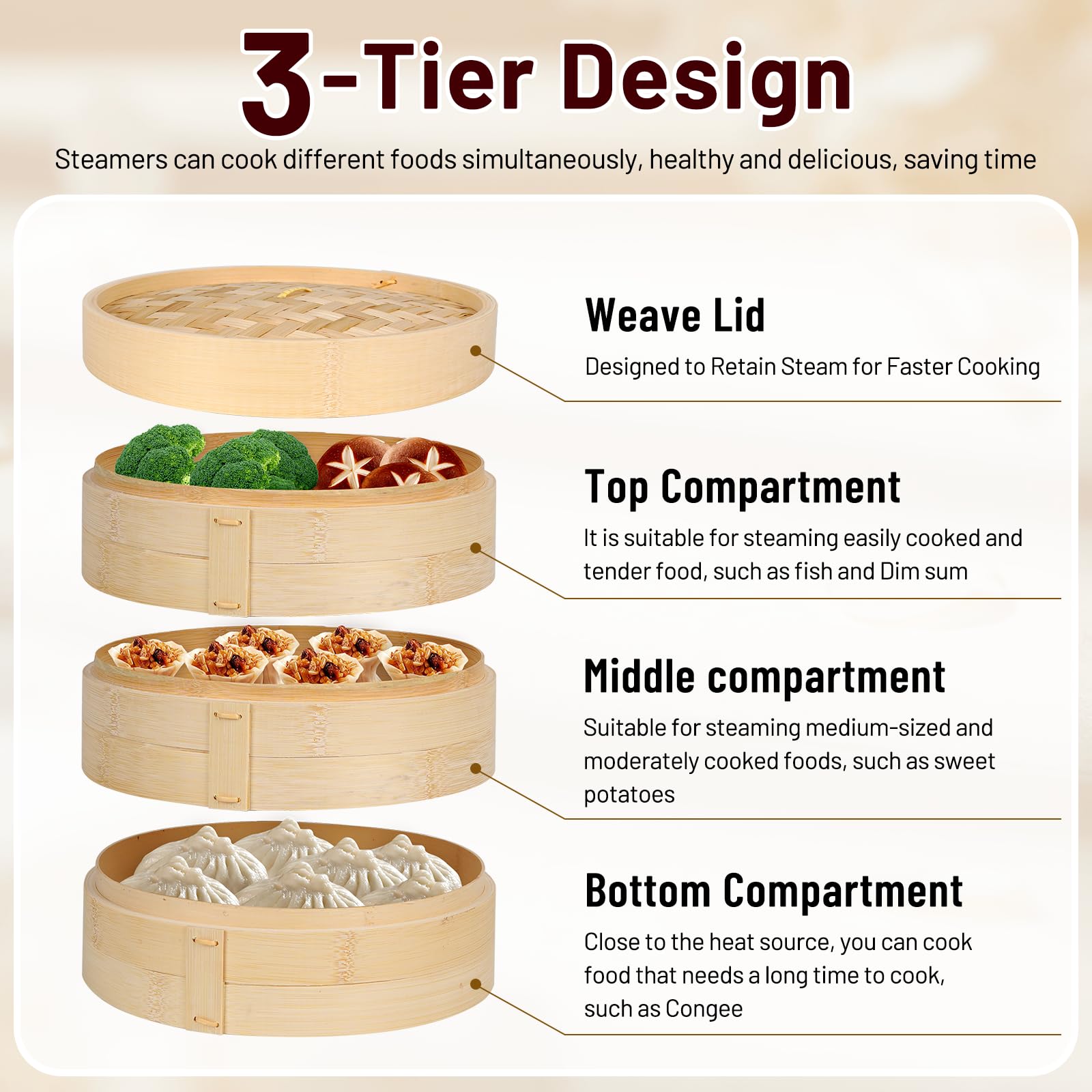 10 Inch 3 Tier Bamboo Steamer Basket with 50 Parchment Papers | Multi-ply Material, Ideal for Kitchen, Dumplings, Buns, Dim Sum
