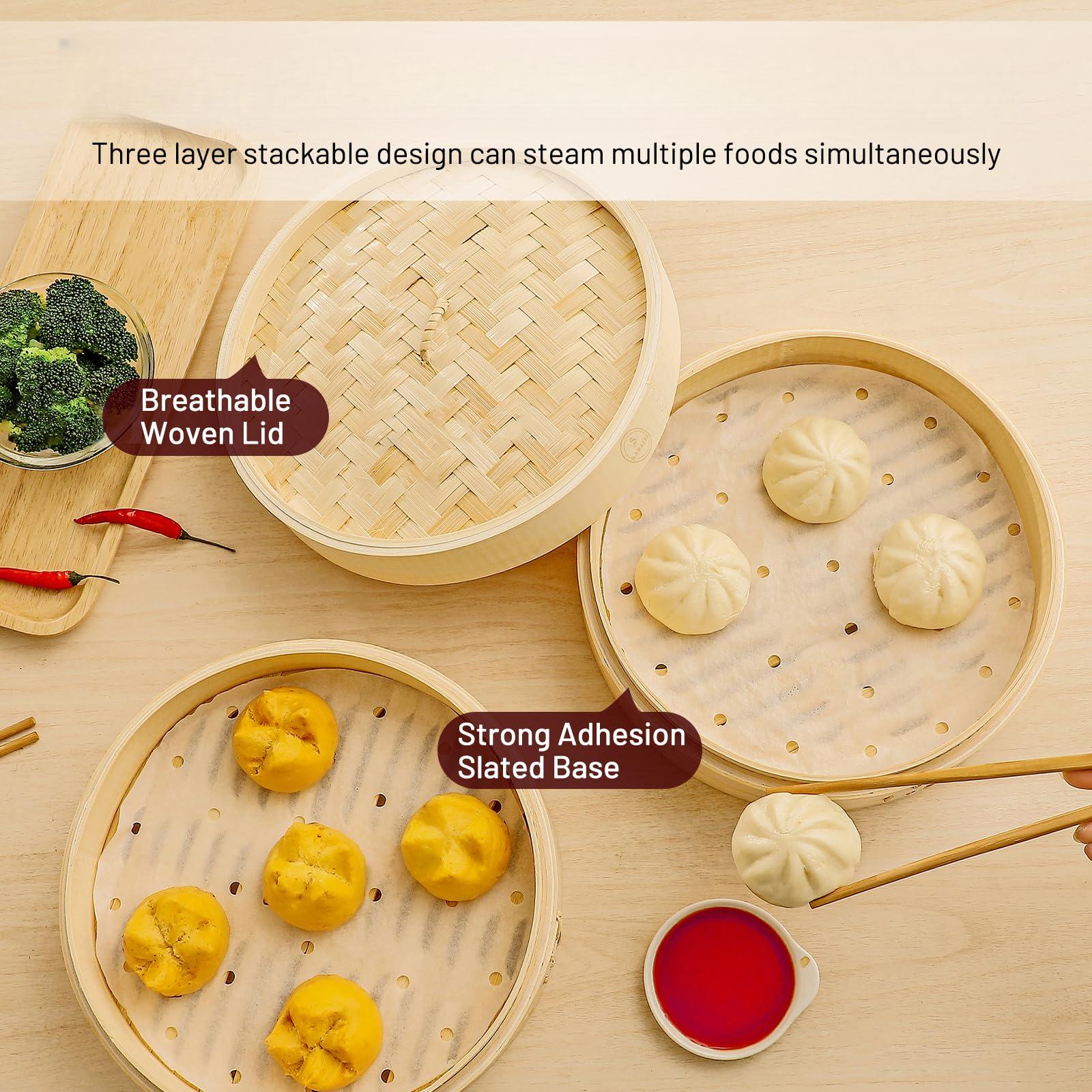 10 Inch 3 Tier Bamboo Steamer Basket with 50 Parchment Papers | Multi-ply Material, Ideal for Kitchen, Dumplings, Buns, Dim Sum