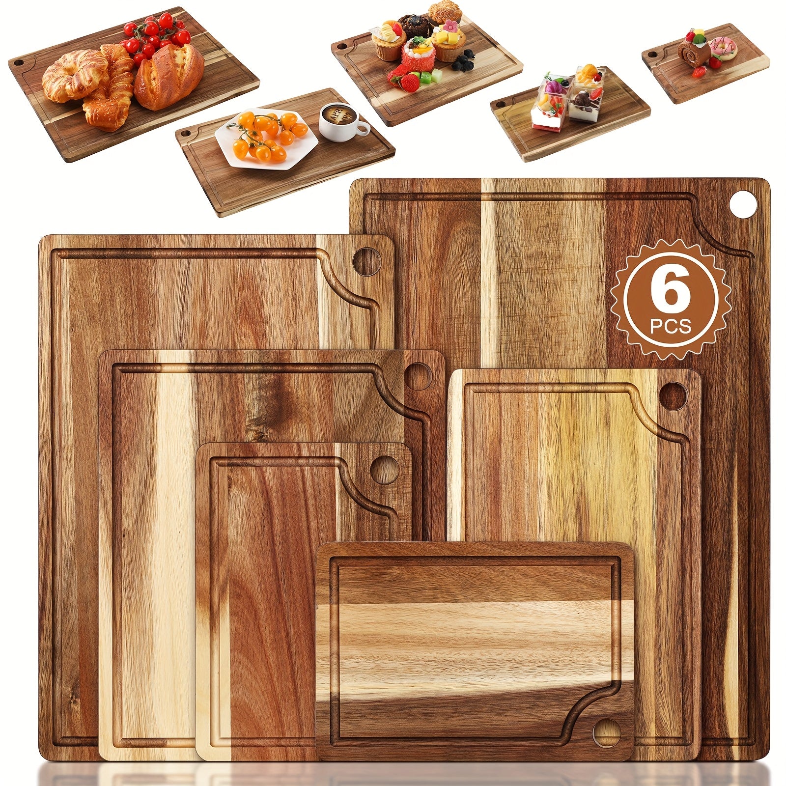 6 Acacia Wood Cutting Board for Kitchen Set Charcuterie Boards Wooden Chopping Board for Meat, 17 X 12, 15 X 10, 12 X 10, 11 X 7, Double 9 X 6.1 Inch, Housewarming Gifts Valentines Decoration for Home