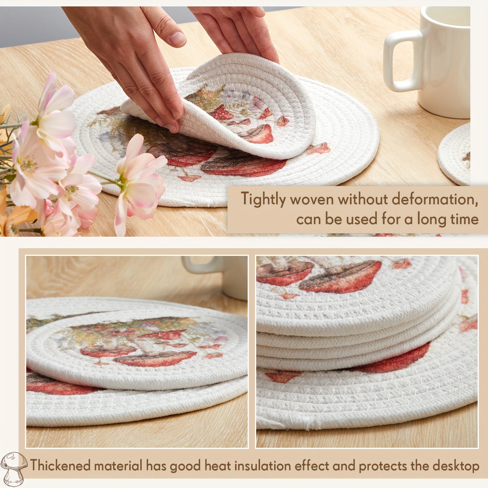 1 Set Mushroom Design Heat-Resistant Oven Mitts, Pot Holders & BBQ Gloves - Round Polyester Trivets with Cute Red & Spotted Mushroom Pattern, Non-Slip Kitchen Accessories for Baking, Grilling, Cooking, Baking, Dishwasher Safe (Hand Wash Only) - Idea