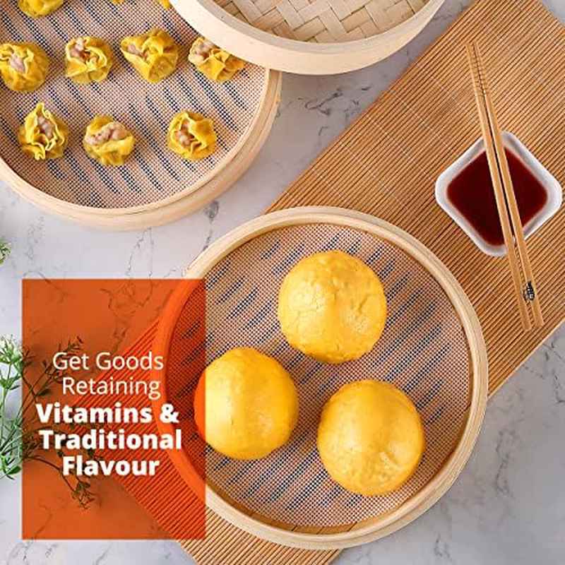 2-Tier Bamboo Steamer Basket with Reusable Liners - 10-Inch Large Capacity, Non-Stick Bamboo Steamer for Steaming Buns, Vegetables, Dumplings, Chopsticks - for Asian Cuisine, Home Kitchen & Restaurant Use - Easy-Clean Design