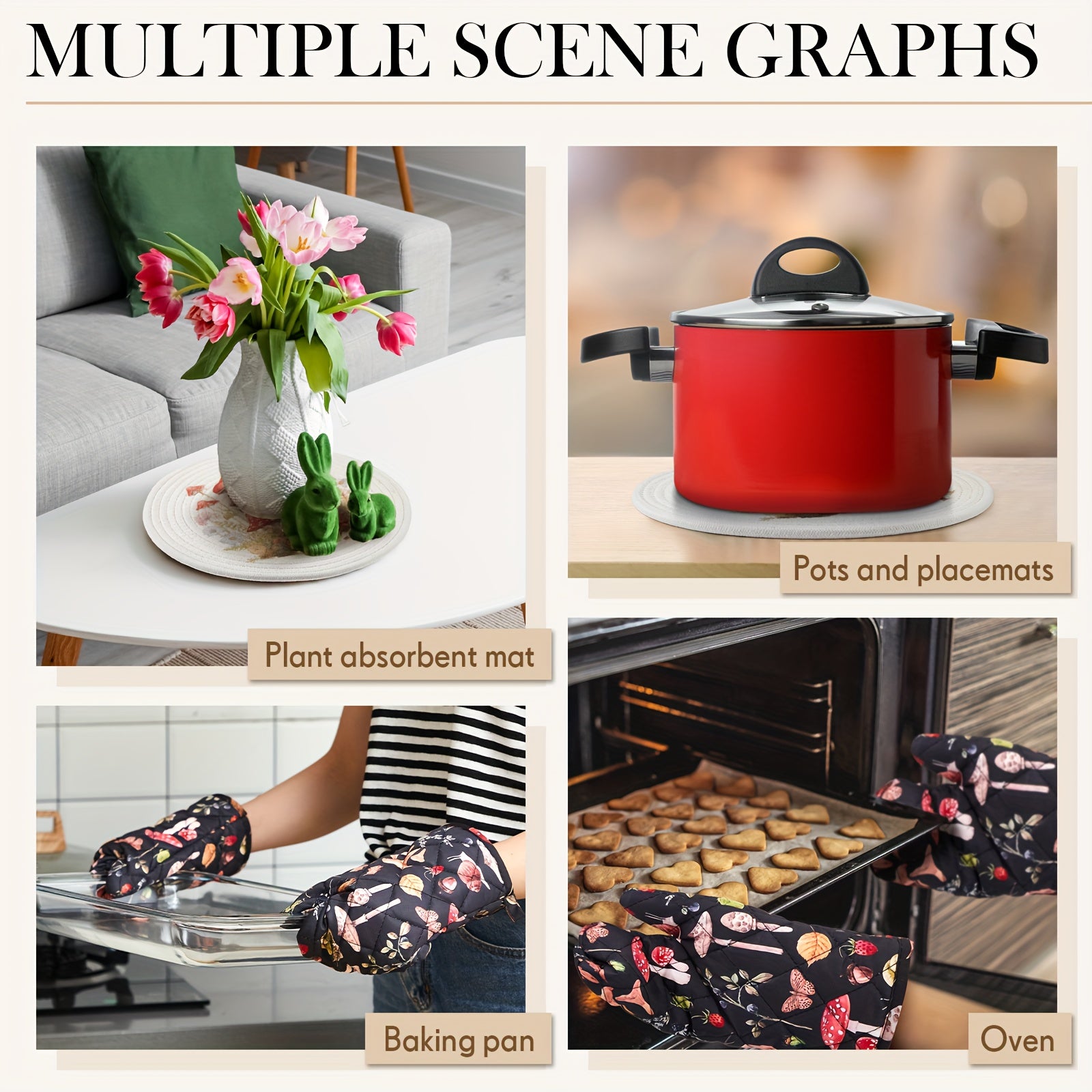 1 Set Mushroom Design Heat-Resistant Oven Mitts, Pot Holders & BBQ Gloves - Round Polyester Trivets with Cute Red & Spotted Mushroom Pattern, Non-Slip Kitchen Accessories for Baking, Grilling, Cooking, Baking, Dishwasher Safe (Hand Wash Only) - Idea