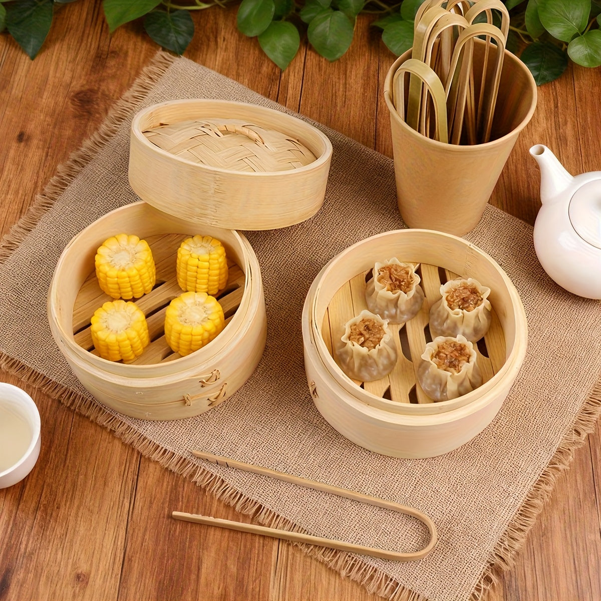 Bamboo Steamer Set for Dumplings, Pastries, Eggs, Vegetables, and Meat | Traditional Non-Electronic Steaming Basket for Diverse Foods