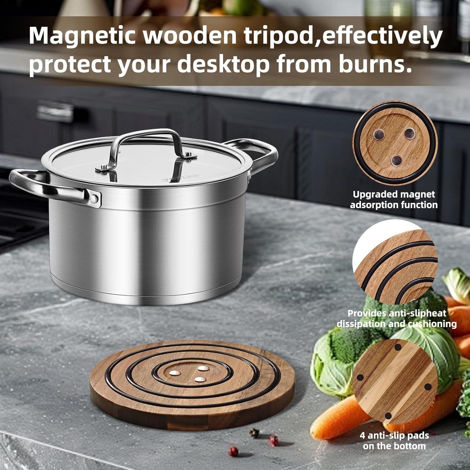 2025 Magnetic Wooden Trivets | Non-Slip Magnetic Pot Coasters and Holders for Hot Pots and Pans, 0.59inch Thick