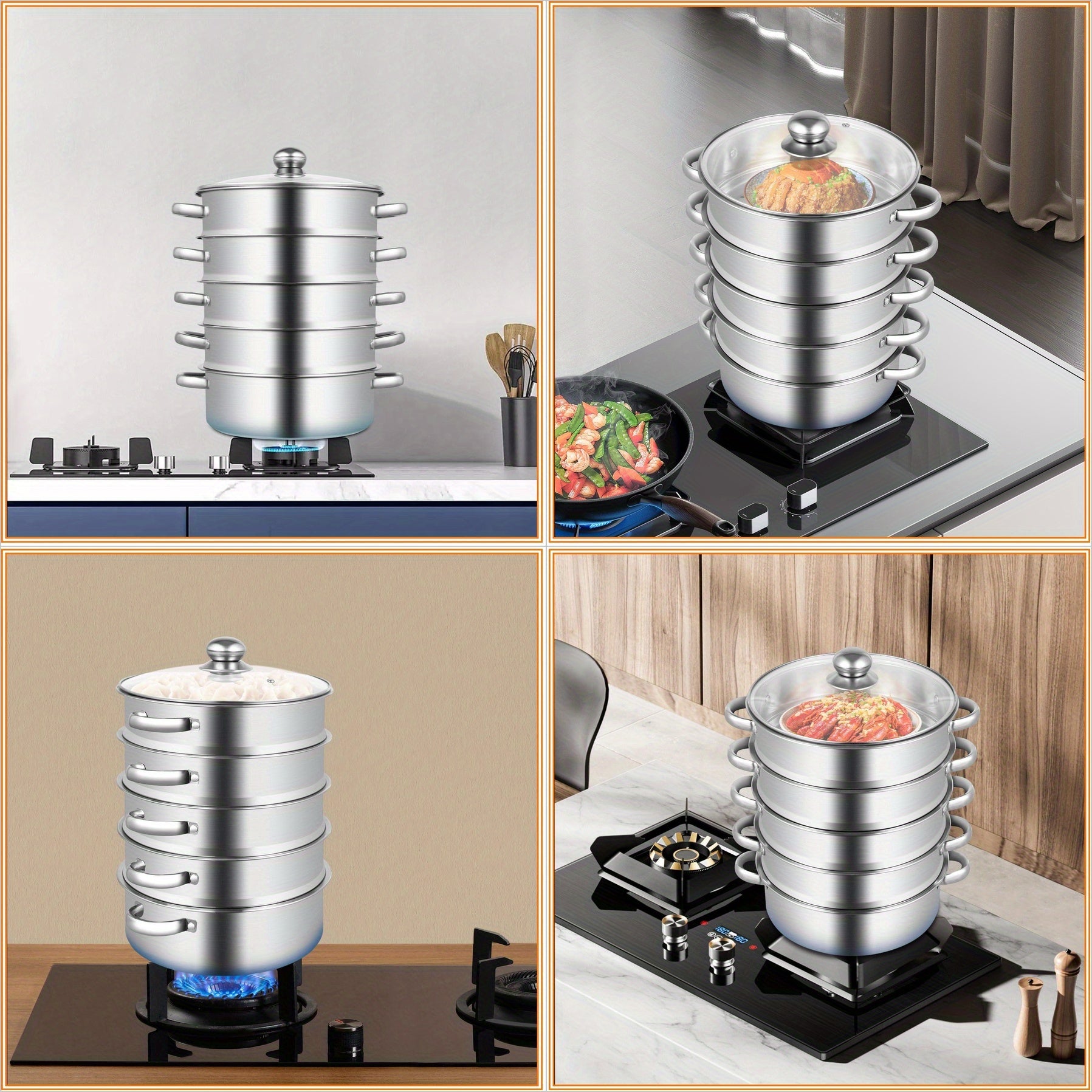 5-Tier 10.24inch Stainless Steel Steamer - Efficient Multi-Level Cooking for Home and Restaurant Use, steamer, easy to clean, suitable for steaming and cooking fish, shrimp, crab, rice, vegetables, steamed buns, soup, etc, on various stoves, such as