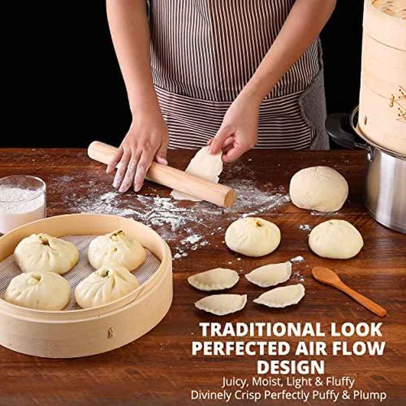 2-Tier Bamboo Steamer Basket with Reusable Liners - 10-Inch Large Capacity, Non-Stick Bamboo Steamer for Steaming Buns, Vegetables, Dumplings, Chopsticks - for Asian Cuisine, Home Kitchen & Restaurant Use - Easy-Clean Design