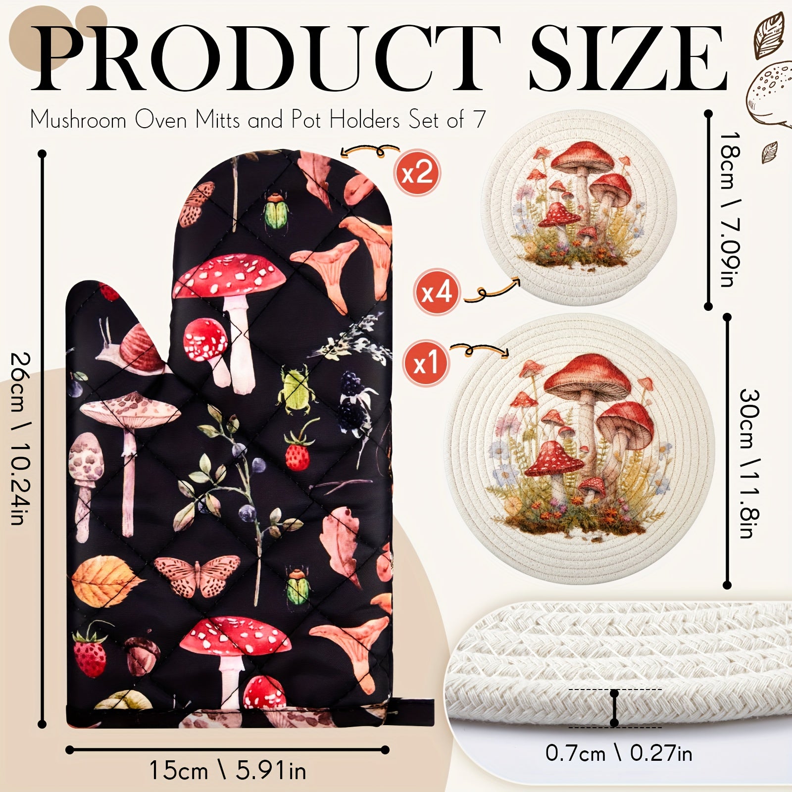 1 Set Mushroom Design Heat-Resistant Oven Mitts, Pot Holders & BBQ Gloves - Round Polyester Trivets with Cute Red & Spotted Mushroom Pattern, Non-Slip Kitchen Accessories for Baking, Grilling, Cooking, Baking, Dishwasher Safe (Hand Wash Only) - Idea
