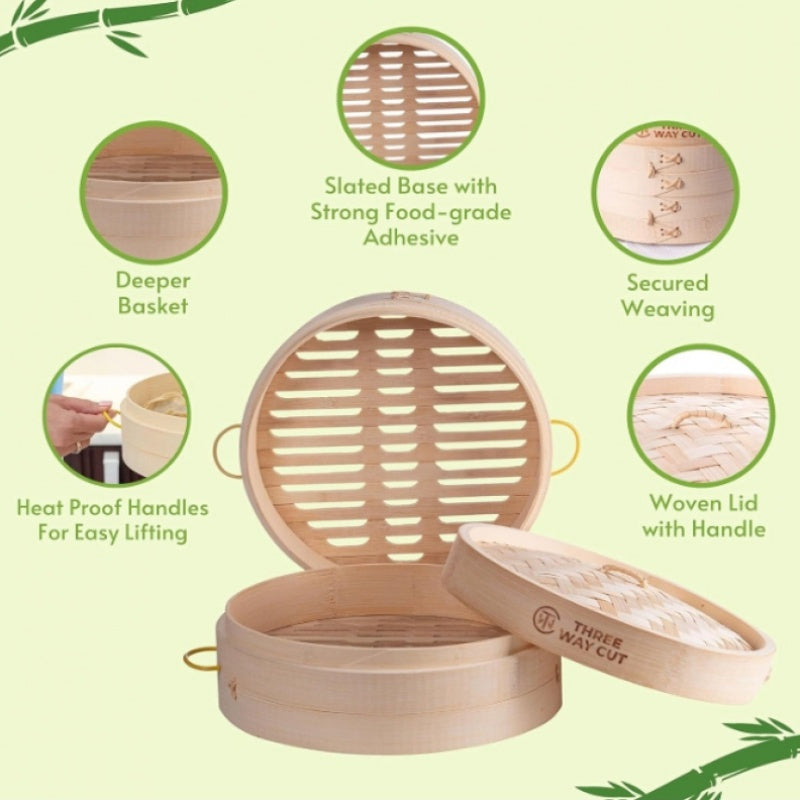 3 Tier 7 Inch Bamboo Steamer Basket, Dumpling Steamer for Cooking, Vegetable Steamer, Food Steamer for Meat, Dim Sum, Buns, Fish, Rice