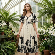 Elegant V-Neck Botanical Print Midi Dress