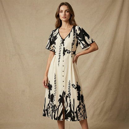 Elegant V-Neck Botanical Print Midi Dress