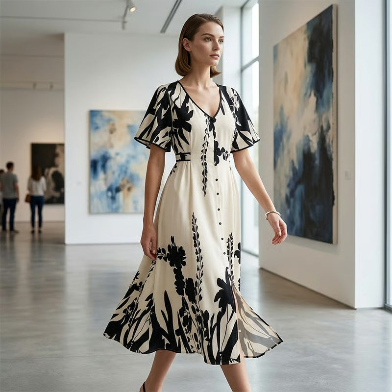 Elegant V-Neck Botanical Print Midi Dress
