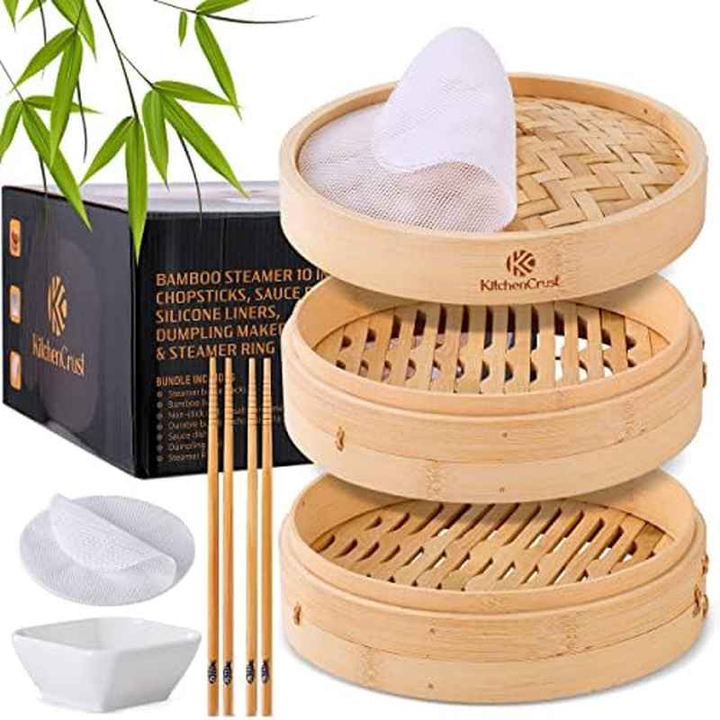 2-Tier Bamboo Steamer Basket with Reusable Liners - 10-Inch Large Capacity, Non-Stick Bamboo Steamer for Steaming Buns, Vegetables, Dumplings, Chopsticks - for Asian Cuisine, Home Kitchen & Restaurant Use - Easy-Clean Design