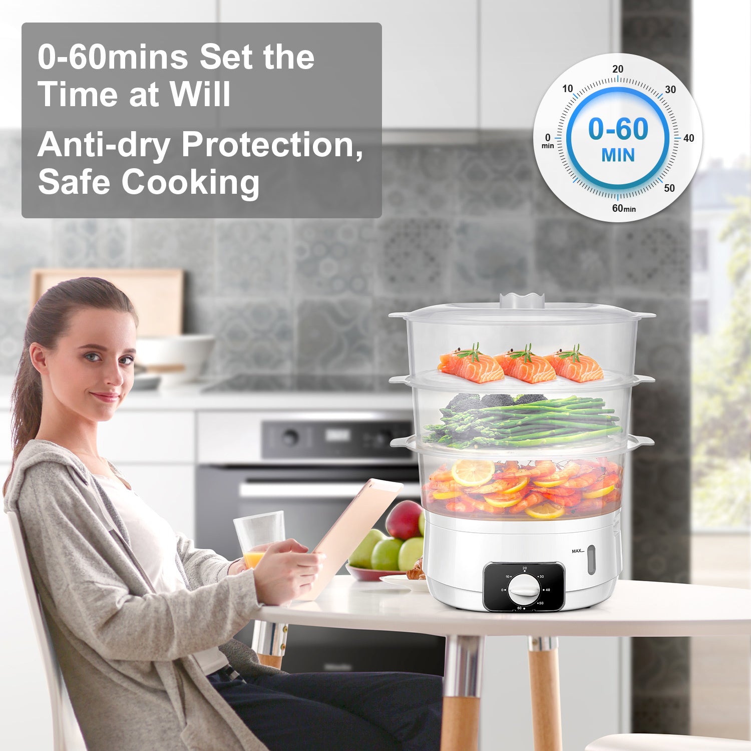 3-Tier Electric Food Steamer, 13.7QT Vegetable Steamer with 60-Minute Timer, BPA-Free Baskets, 800W for Fast Cooking Of Veggies, Seafood & Rice (White)