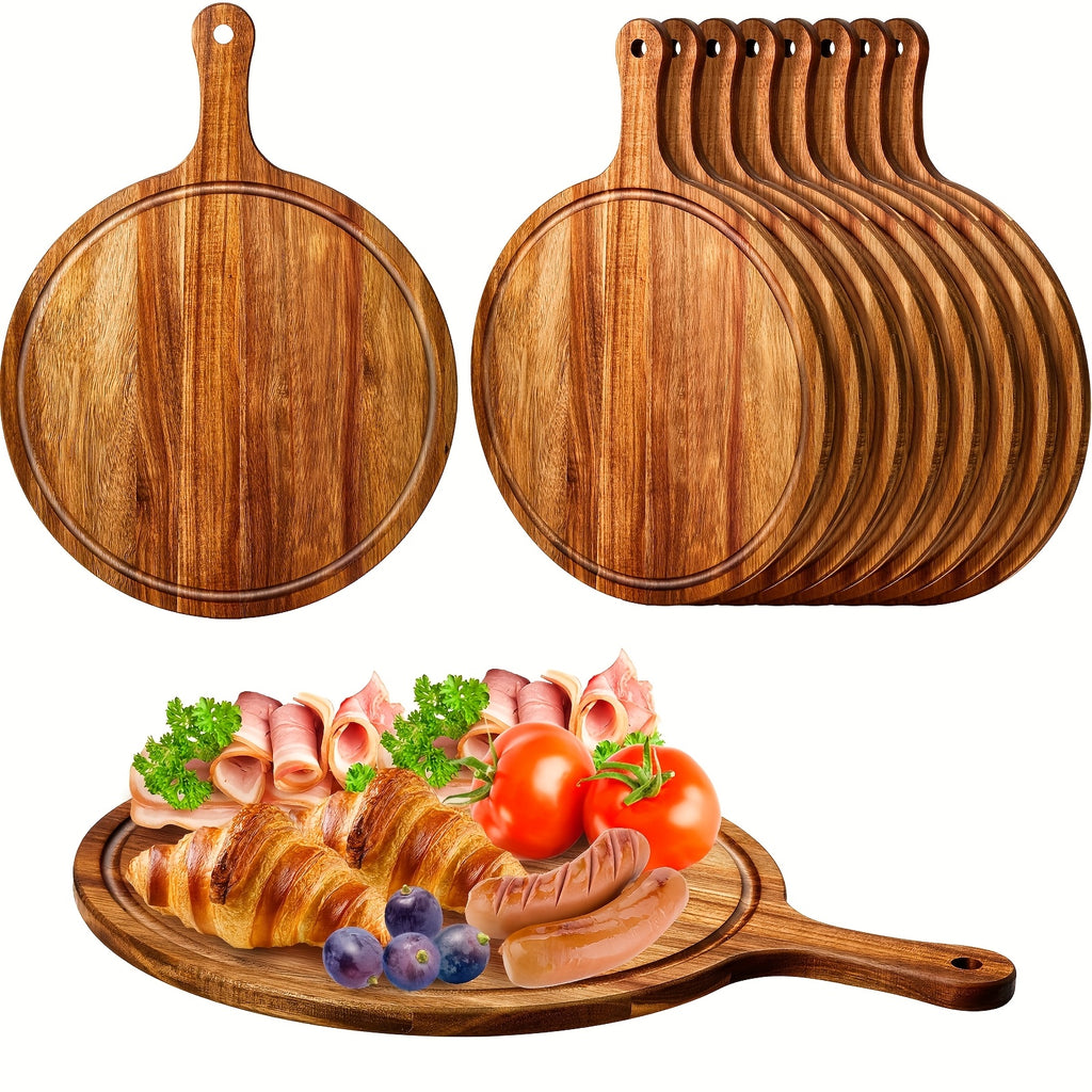 10pcs Round Wooden Cutting Boards with Handles, Wooden Serving Boards, Kitchen Chopping Boards for Pizza, Bread, Cheese, Cooked Food, Fruits, Vegetables