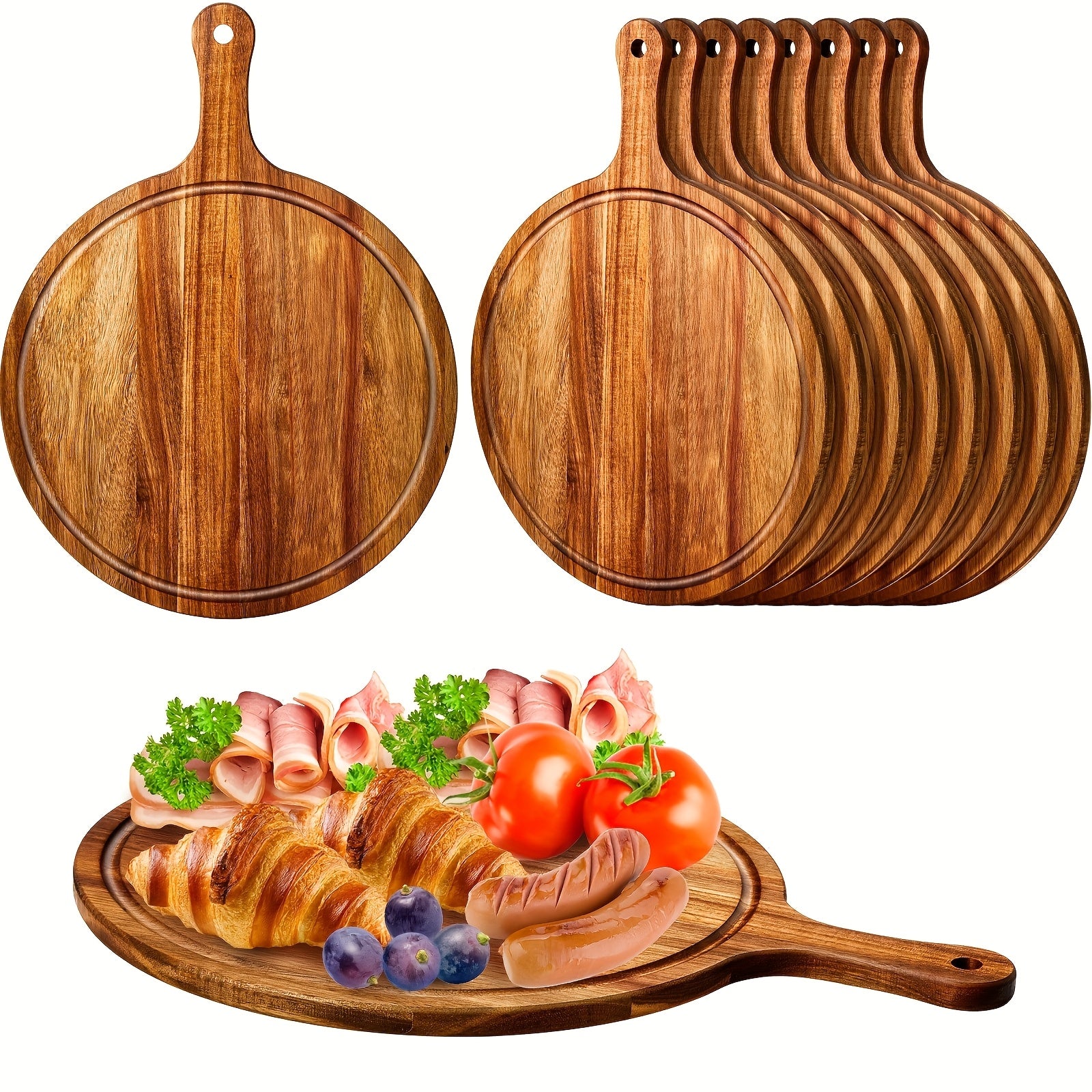 10pcs Round Wooden Cutting Boards with Handles, Wooden Serving Boards, Kitchen Chopping Boards for Pizza, Bread, Cheese, Cooked Food, Fruits, Vegetables