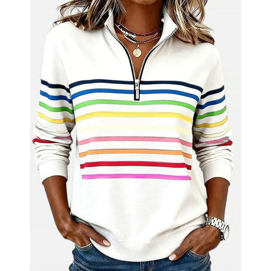 Half-Zip Collar Fashionable Rainbow Striped Sweatshirt