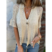 Hollow V-neck single button loose short sleeves