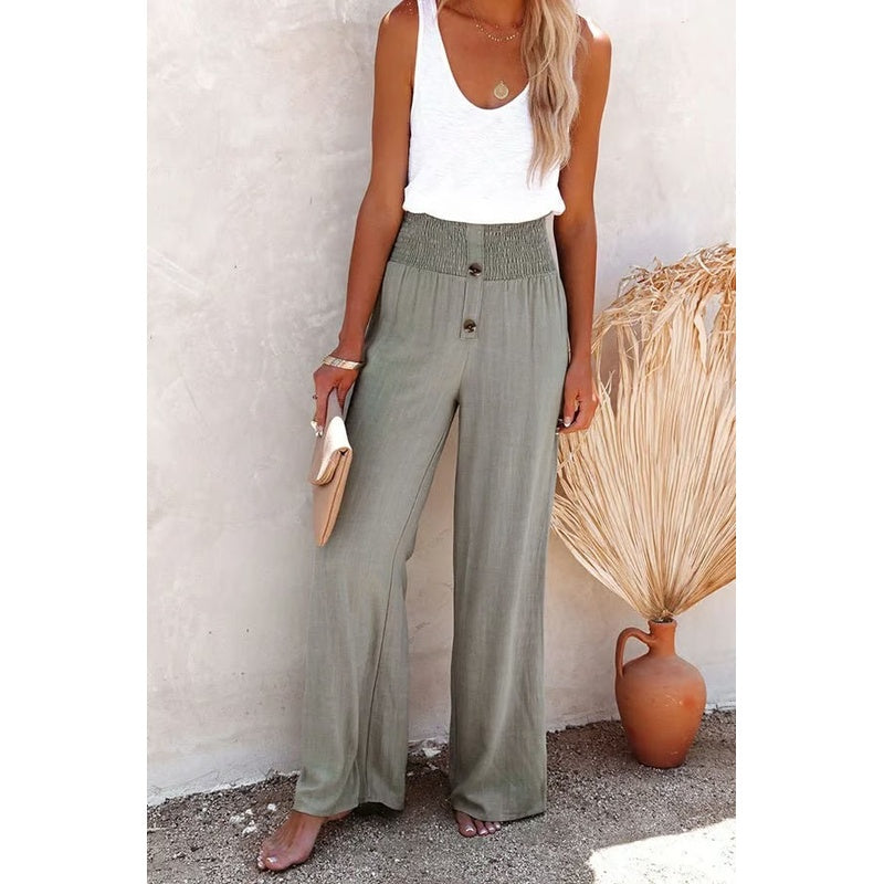 Linen Blend High Rise Smocked Pants